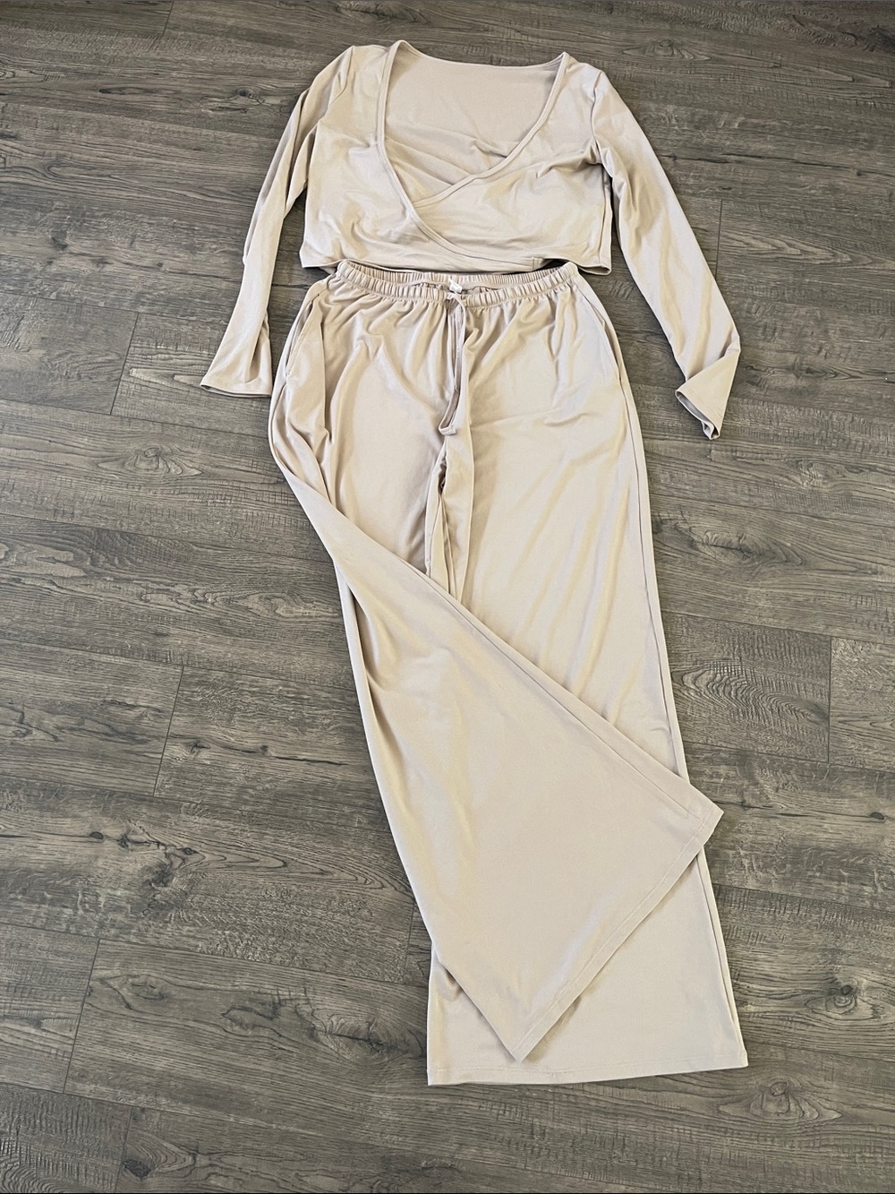 Wide-Leg Lounge Pants in Light Beige - Soft Drawstring Waist - Picture 1 of 3